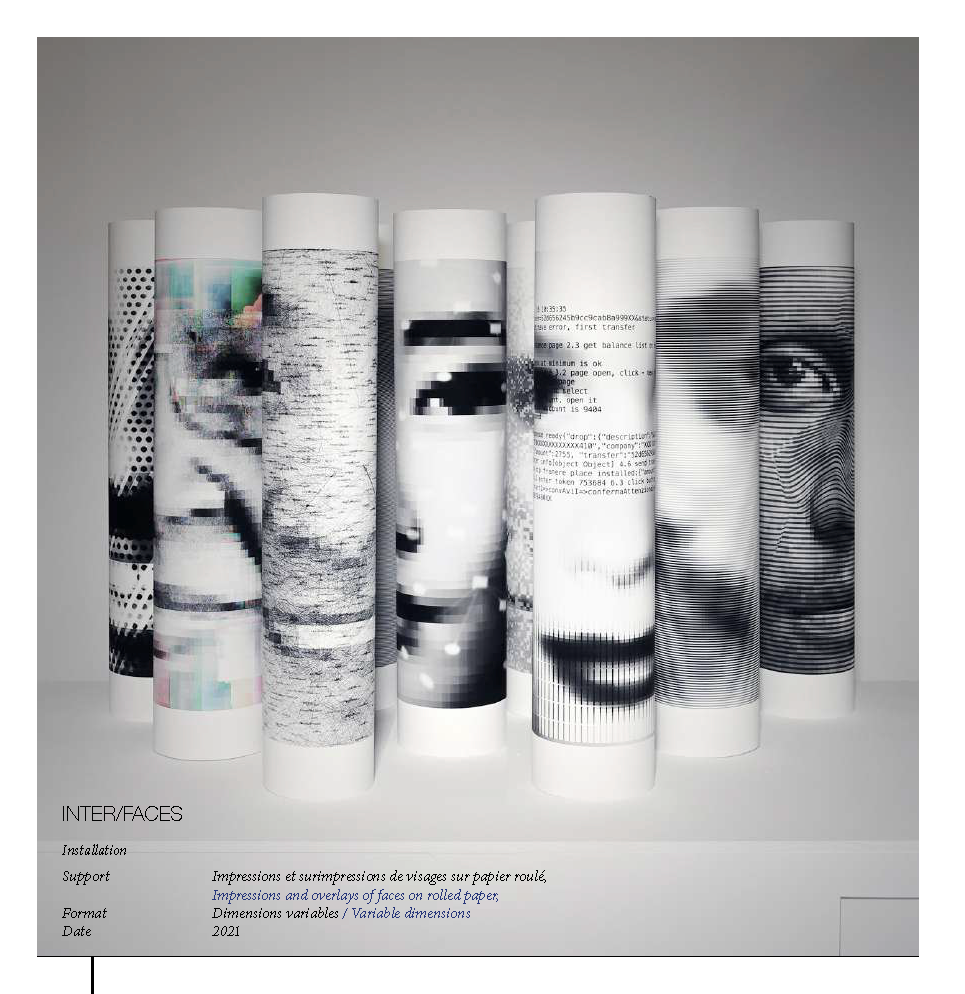 INTER/FACES  Installation Support, Impressions et surimpressions de visages sur papier roulé, Impressions and overlays of faces on rolled paper,